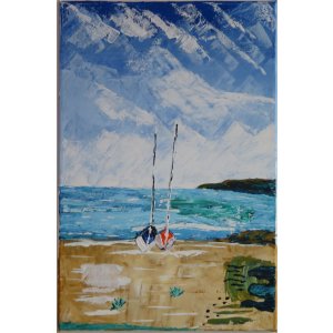 Keirahmen 40x60 cm.
Titel: Segelboot am Strand.