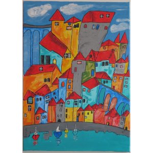 Keilrahmen 50x70 cm.
Titel: Stadt am Meer.