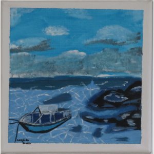 Keilrahmen 20x20 cm.
Titel: Das Bott  im Meer.