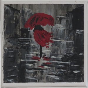Keilrahmen 20x20 cm.
Titel: Frau im Regen.