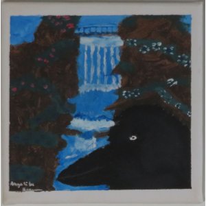 Keilrahmen 15x15 cm.
Titel: Rabe am Wasserfall.