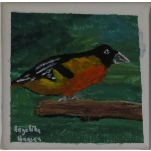 Keilrahmen 10x10 cm.
Titel: Vogel auf dem Ast.