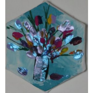Keilrahmen Sechseck 5 cm.
Titel: Blumen im Glass.