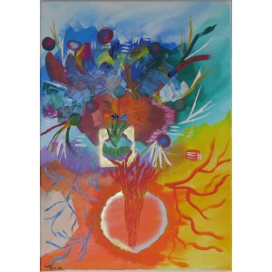 Keilrahmen 50x70 cm.
Titel: Das Feuer des Menschen zur Nartur.