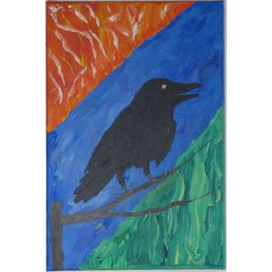 Keilrahmen 50x70 cm.
Titel: Rabe zwischen zwei Welten.