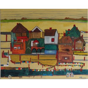 Keilrahmen 40x50 cm.
Titel: Häuser mit bunter Wäsche,Egon Schiele 1917.