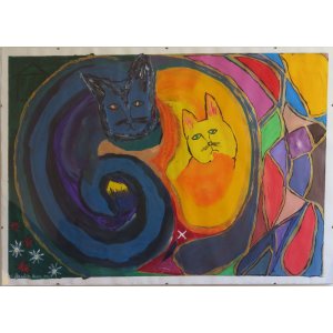Papier 50x70 cm
Titel: Blaue Katze/Gelbe Katze.