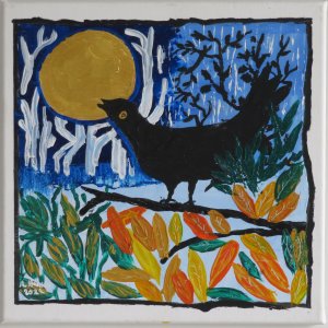 Keilrahmen 30x30cm
Titel: Amsel singt zum Mond.