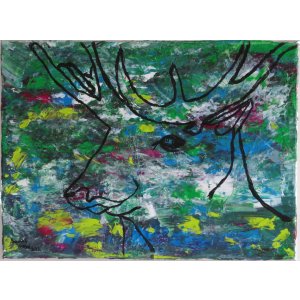 Keilrahmen 30x40cm.
Titel: Hirsch im bunten Silberwald.