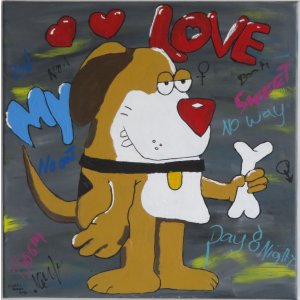 Keilrahmen 40x40cm.
Titel: Graffiti Hund.