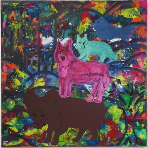 Keilrahmen 80x80cm.
Titel: Die vier Weltmusikanten.