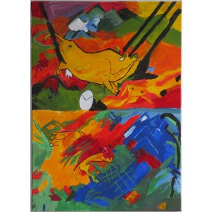 Keilrahmen 50x70cm.
Titel: Die gelbe Kuh und Tiere in einer Landschaft. Von Franz Marc.