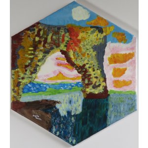 Keilrahmen Sechseck 25 cm.
Titel: Etretat , Klippe von d`Aval , Sonnenuntergang Monet claude 1886.