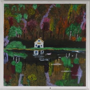 Keilrahmen 30x40 cm.
Titel: Das kleine Haus im Wald.