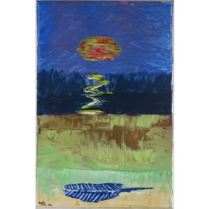 Keilrahmen 50x70 cm.
Titel: Blaue Feder im Sonnenuntergang.