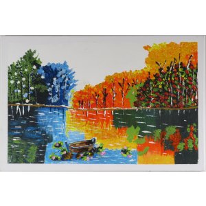 Keilrahmen 60x40 cm.
Titel: Wald mit Boot am See.