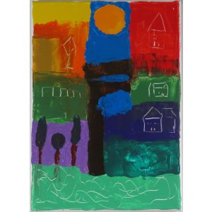 Keilrahmen 30x40 cm.
Titel: Dorf Leben.
