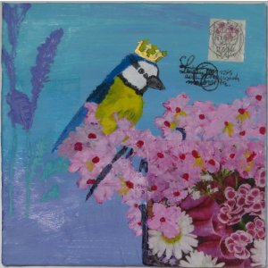 Keilrahmen 20x20 cm.
Titel: Blaumeisen König.