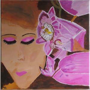 Keilrahmen 50x50 cm.
Titel: Junge Frau mit einer Lilafarbenen Orchideen im Haar.