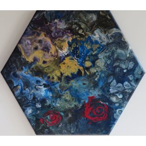 Keilrahmen Sechseck 25 cm.
Titel: Garten Eden.